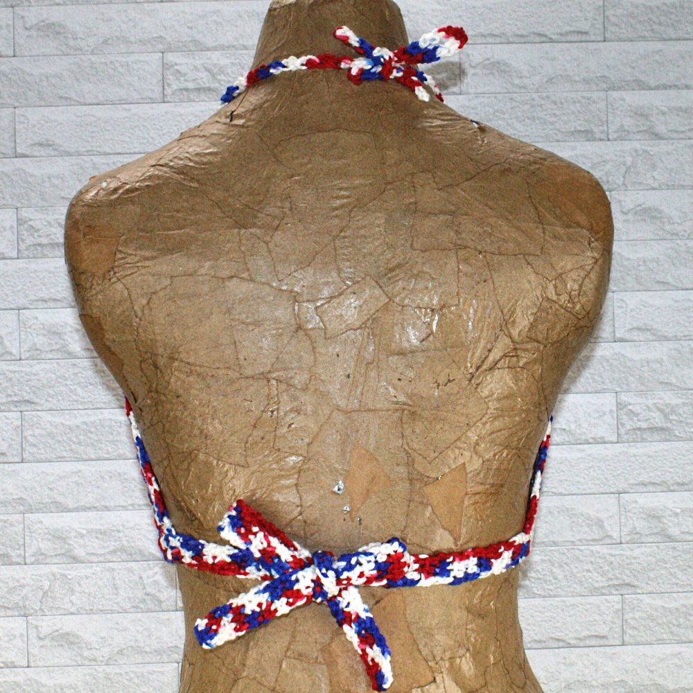 HAND CRAFTED Crop Top Crochet Bikini Stripe Patriotic Festival Red White Blue - Picture 3 of 12